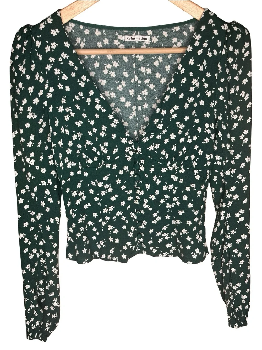 Reformation Nell Top Annette Green Floral Puff Sleeve Blouse S